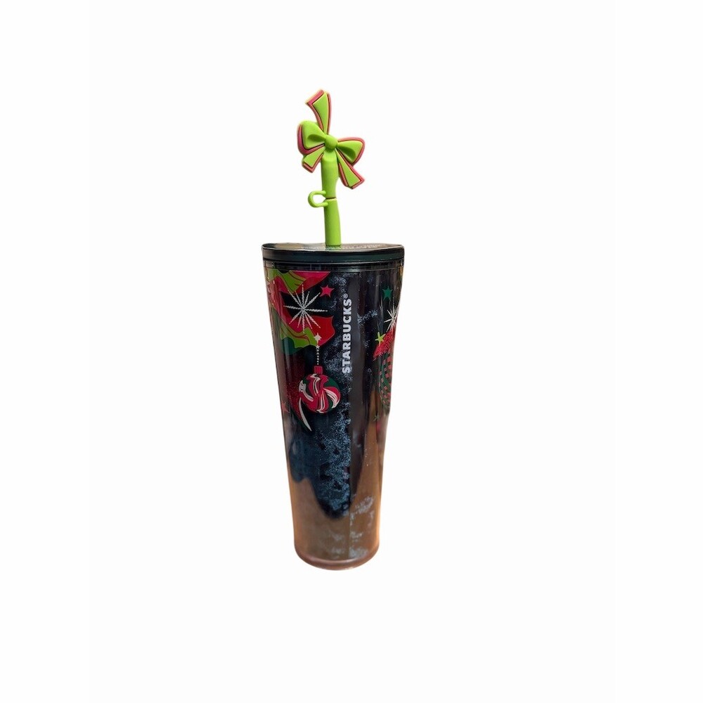 Starbucks Holiday 2023 Cold Cup Tumbler 24oz Multicolor w/ Green Bow Straw - Picture 2 of 3